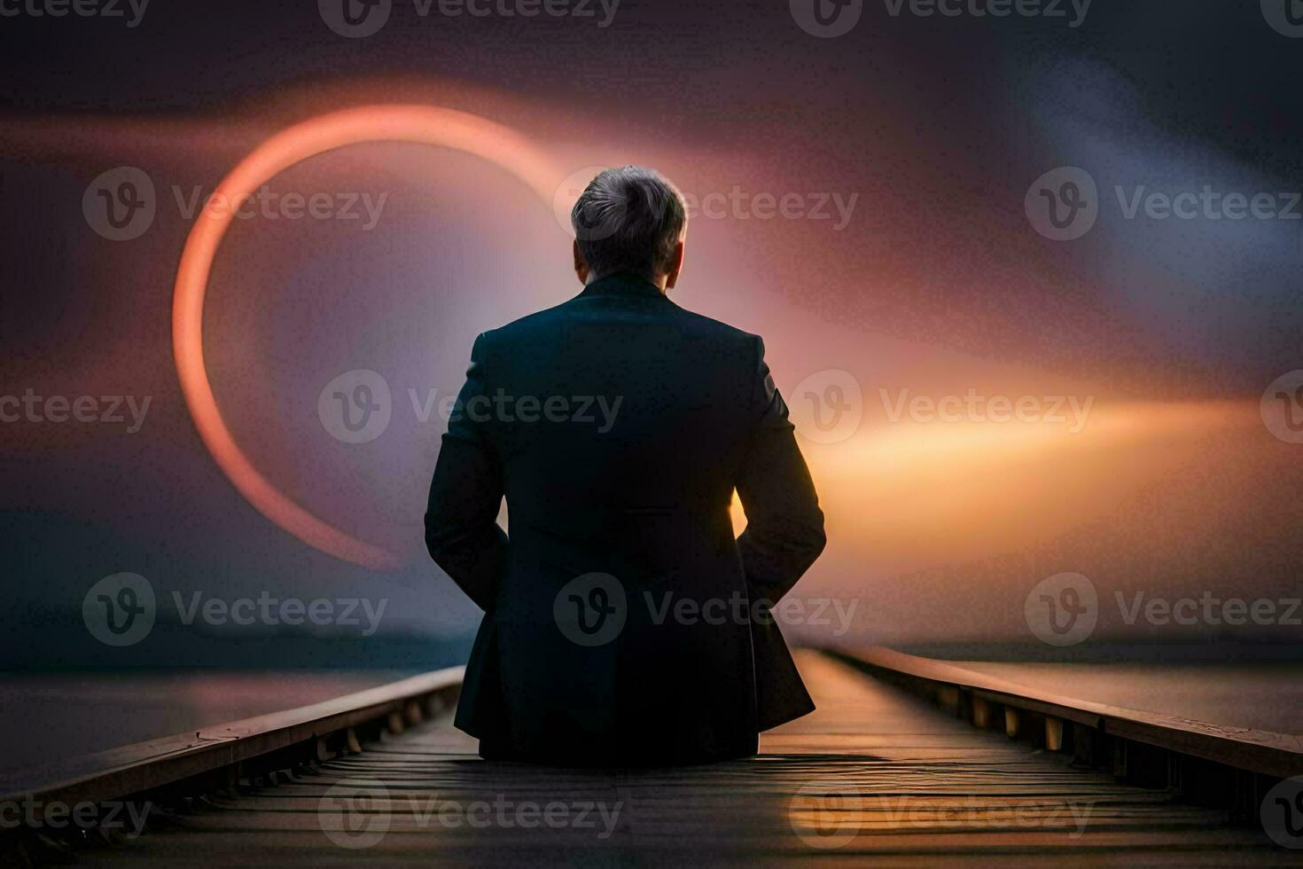 a man in a suit sits on a dock looking at an eclipse. AI-Generated photo