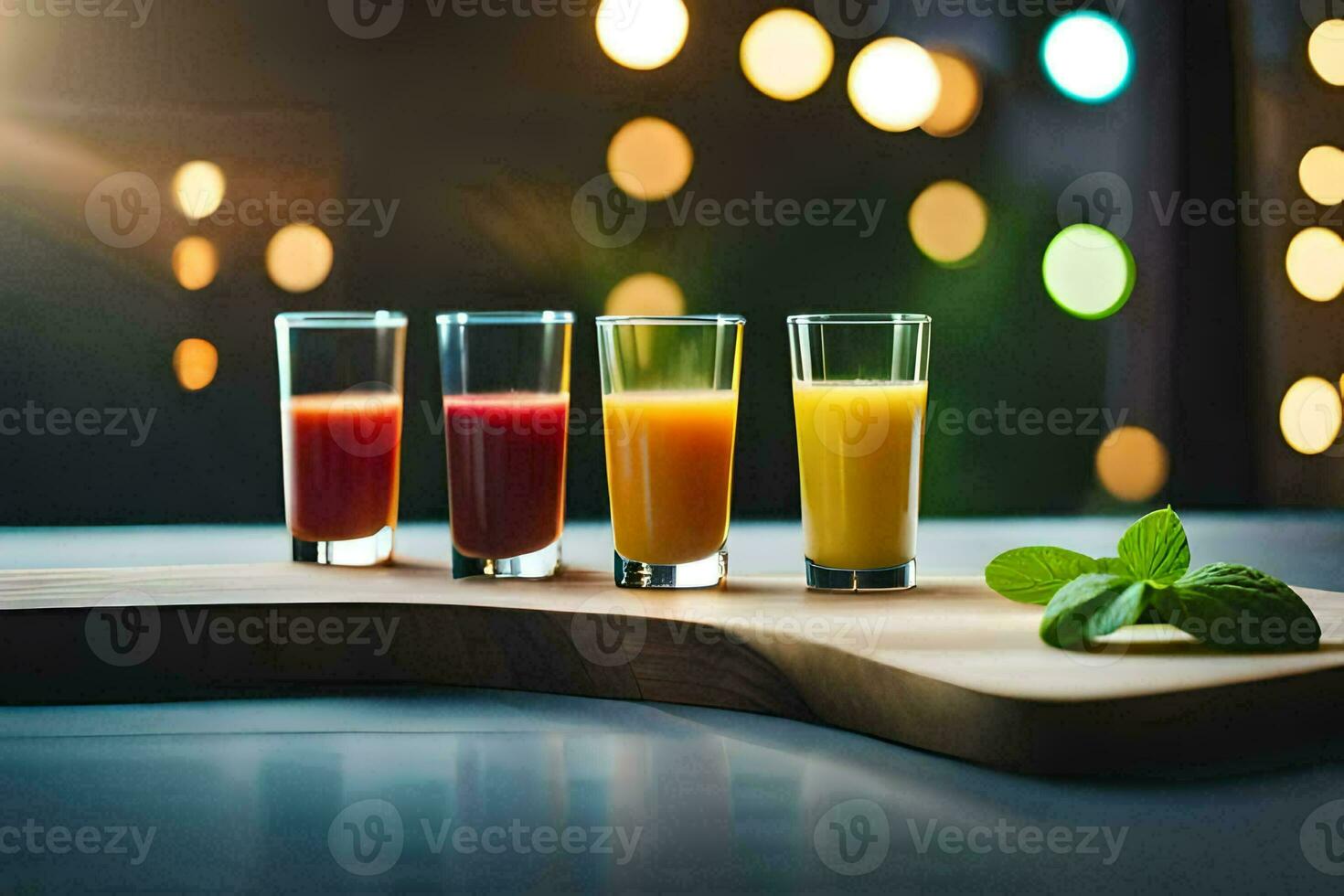 four glasses of juice on a wooden cutting board. AI-Generated photo