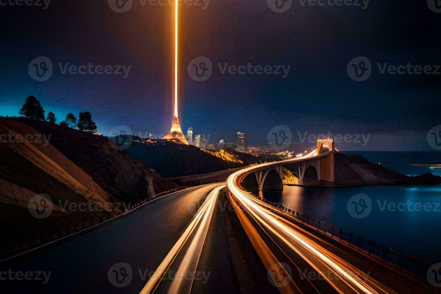 a long exposure photo of a bridge with a light beam. AI-Generated