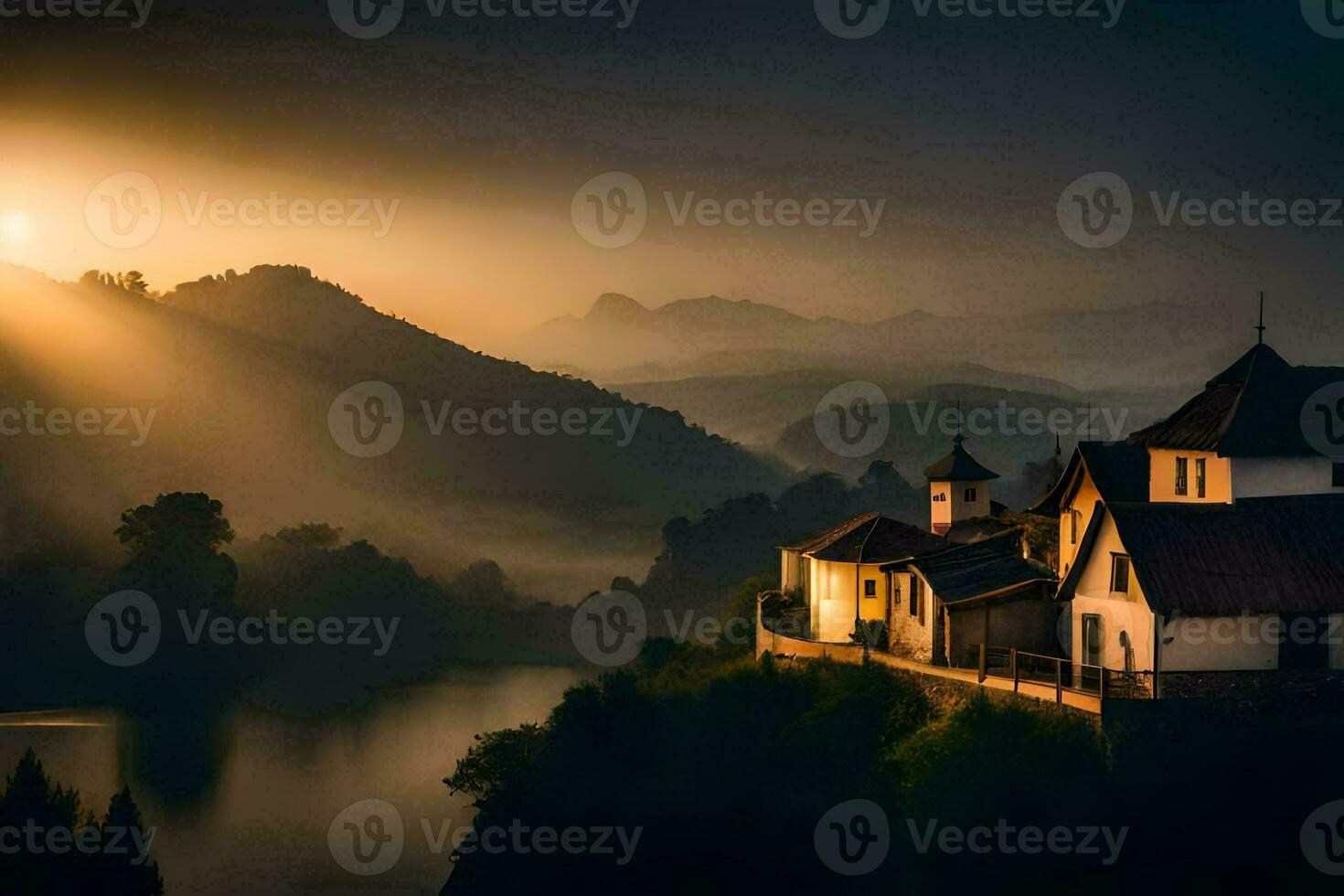 photo wallpaper the sky, mountains, fog, the sun, the sun, the sun, the. AI-Generated