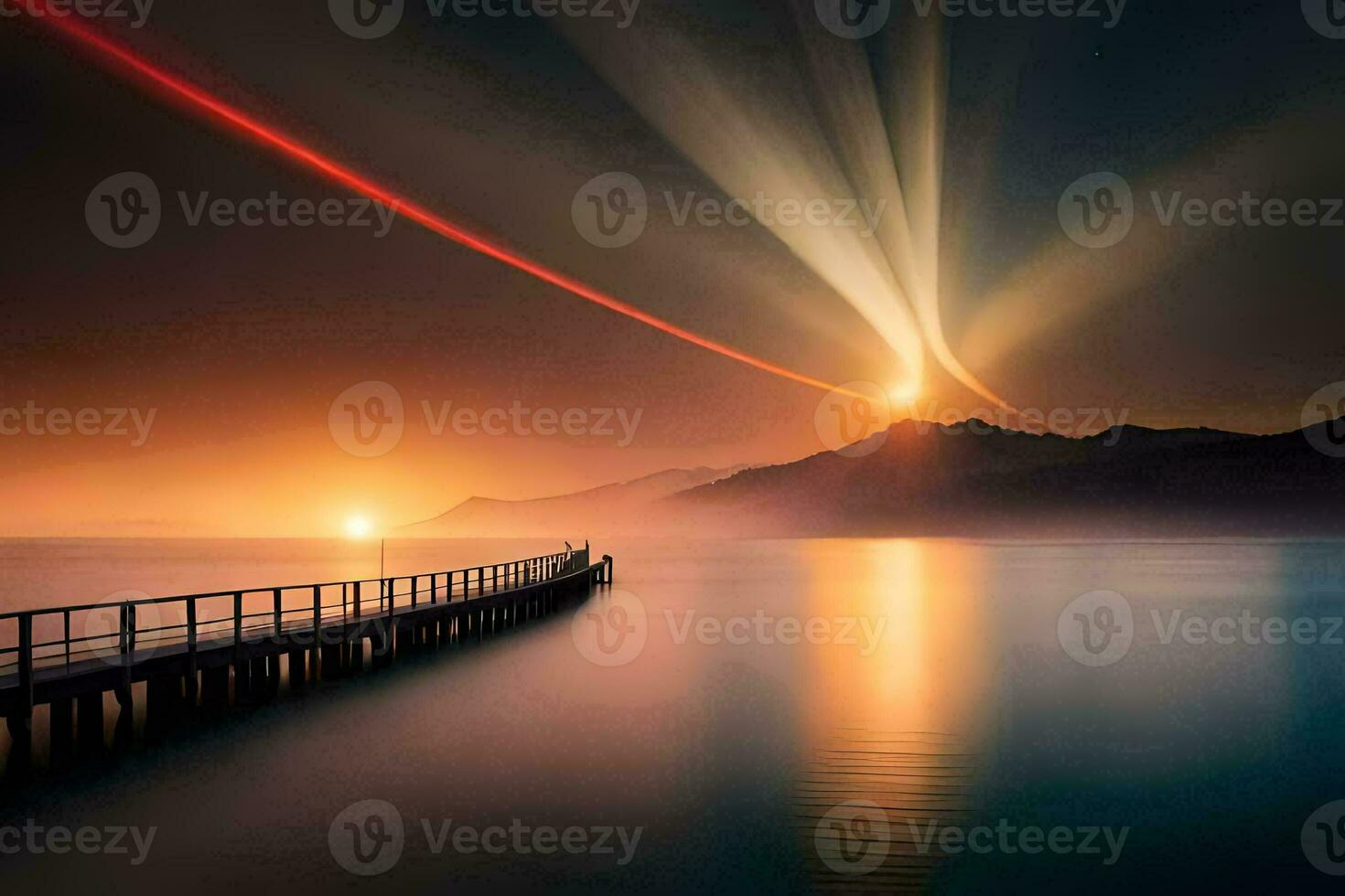 a pier with a long beam of light coming from the sky. AI-Generated photo