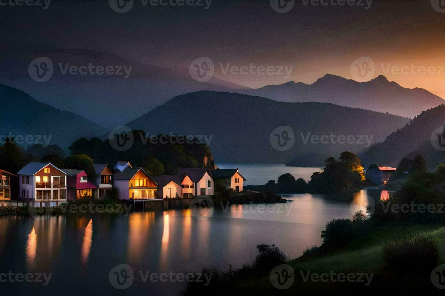 photo wallpaper the sky, mountains, lake, houses, the sun, the mountains, the lake. AI-Generated