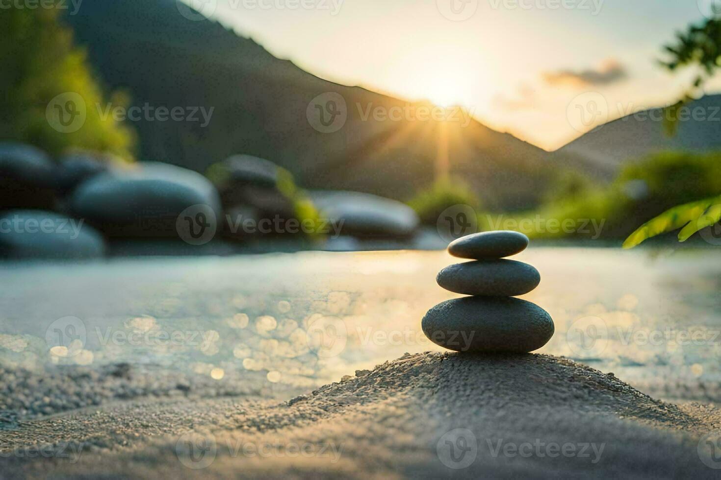 zen stones stacked on the beach at sunset. AI-Generated photo