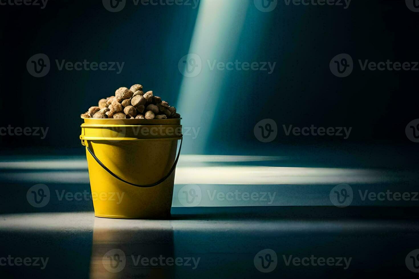 a bucket filled with peanuts on a dark floor. AI-Generated photo
