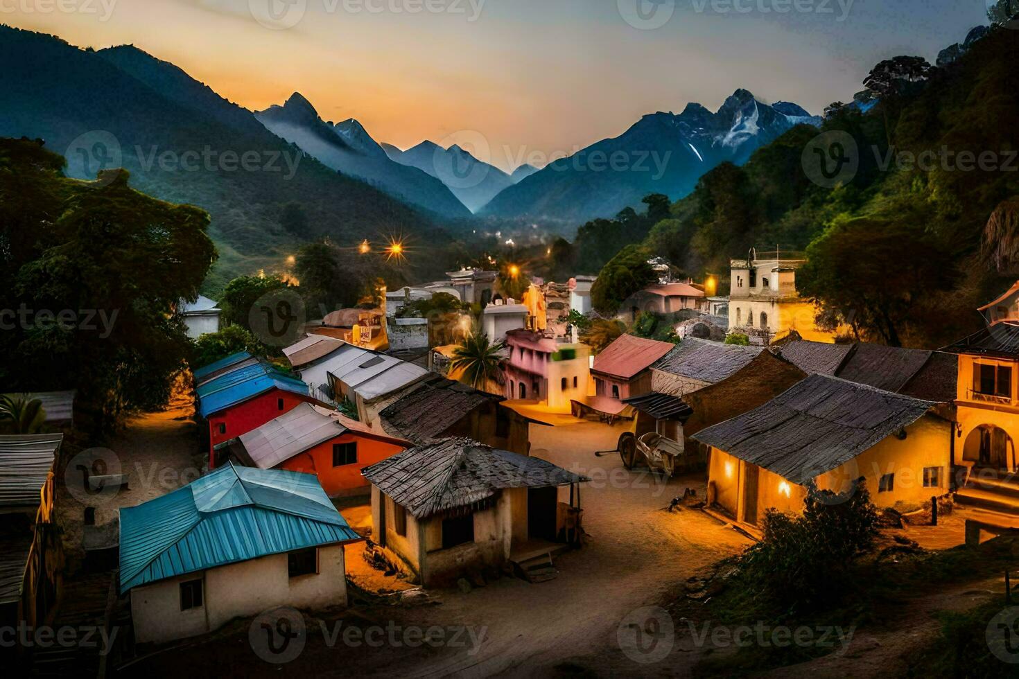 a village in the mountains at dusk. AI-Generated photo