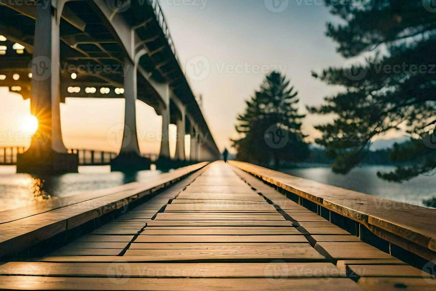 a wooden bridge over a lake at sunset. AI-Generated photo