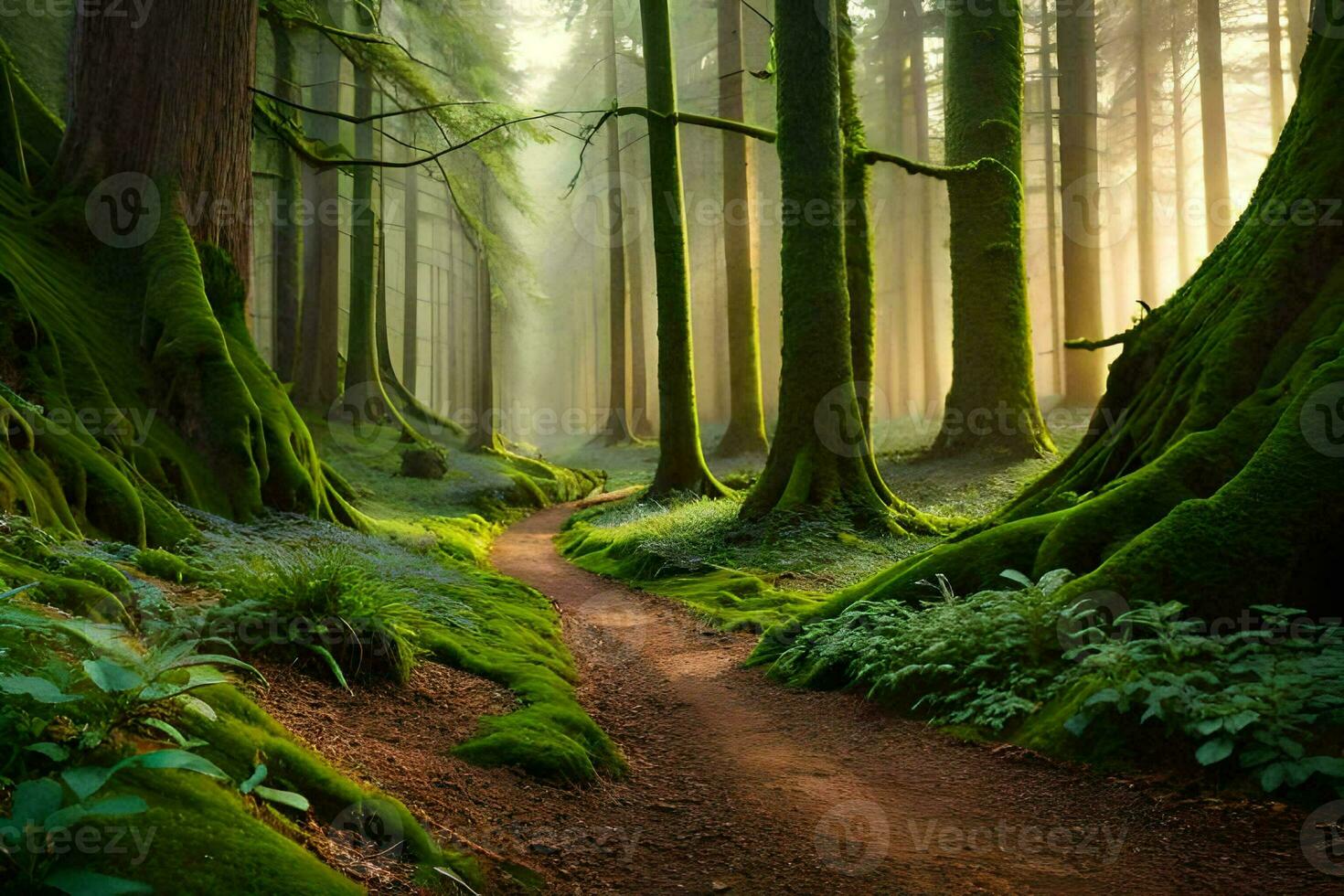 a path through a forest with mossy trees. AI-Generated photo