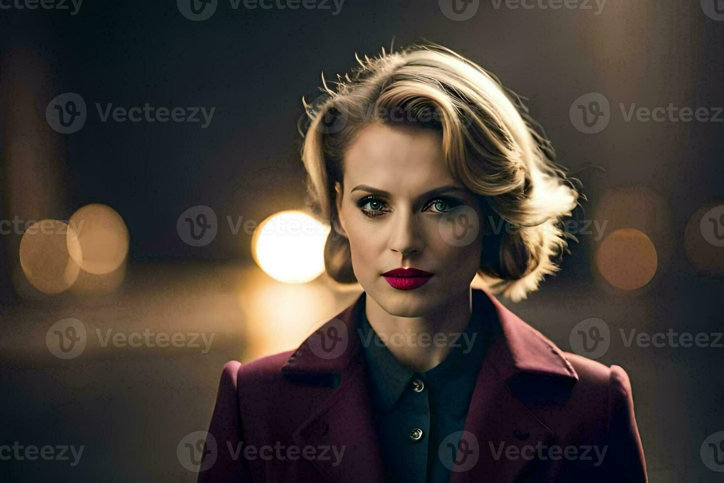 a woman in a red coat and black shirt. AI-Generated photo