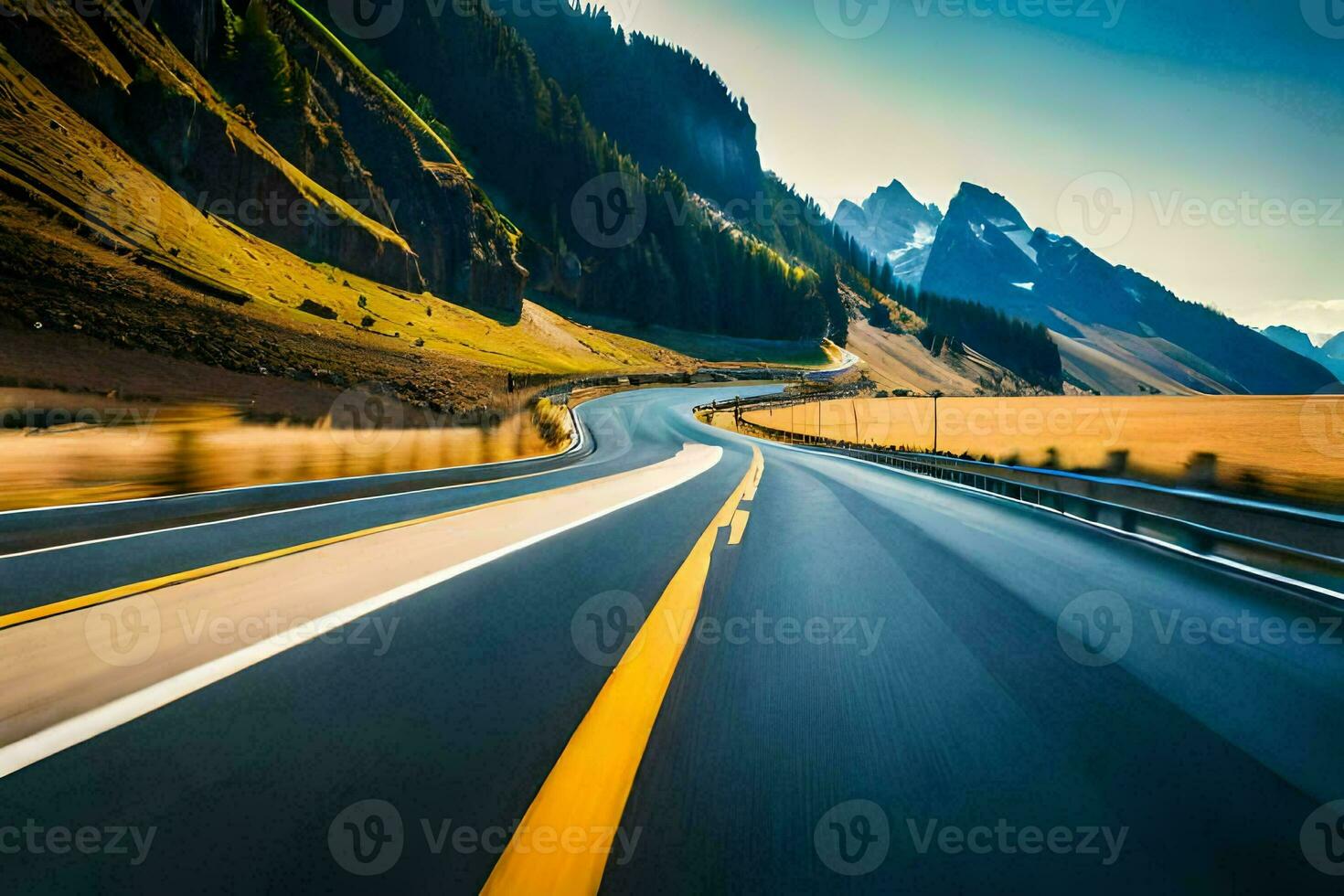 un la carretera en el montañas con montañas en el antecedentes. generado por ai foto