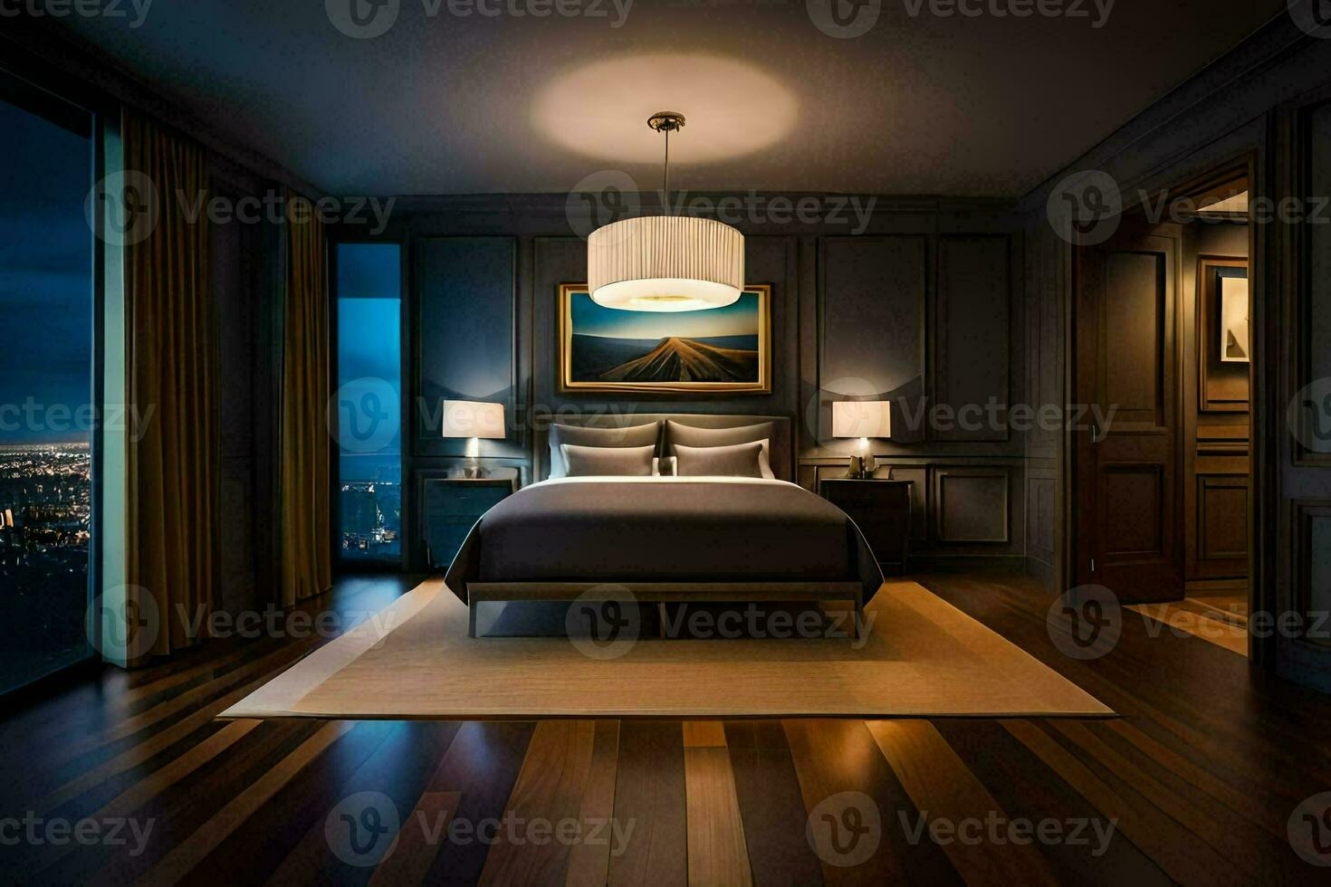 a bedroom with a large bed and a view of the city. AI-Generated photo