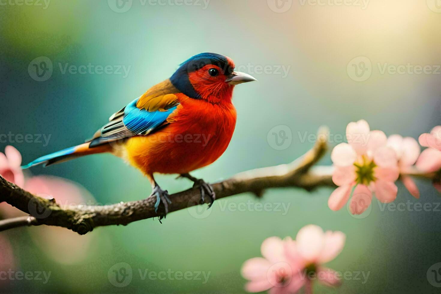 a colorful bird sits on a branch with pink flowers. AI-Generated photo