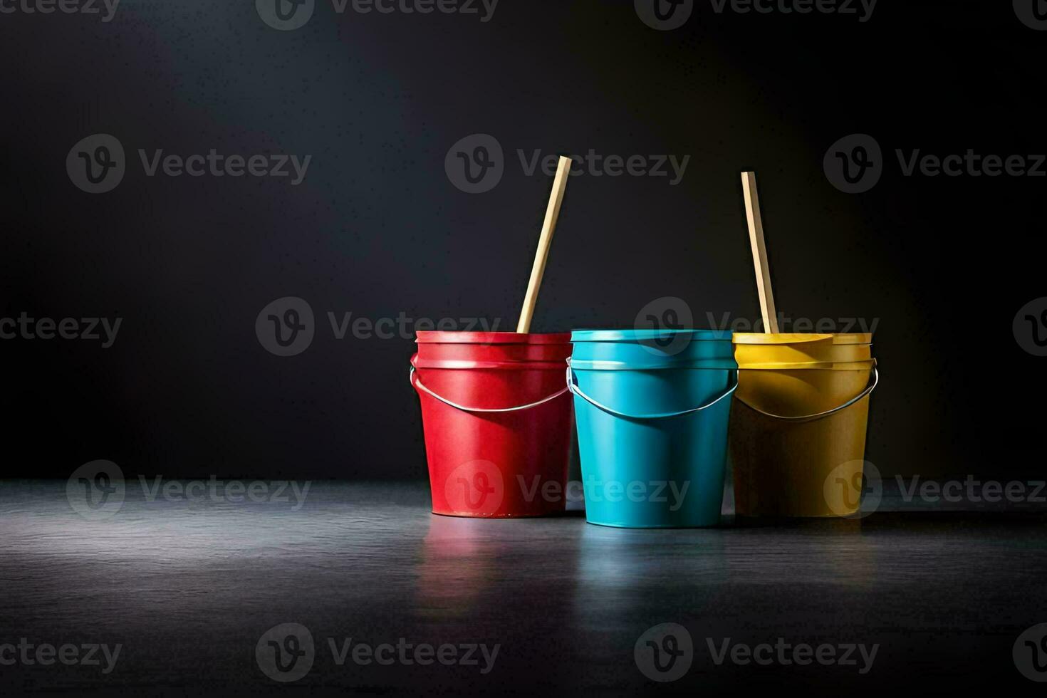 three buckets with wooden sticks on a dark background. AI-Generated photo
