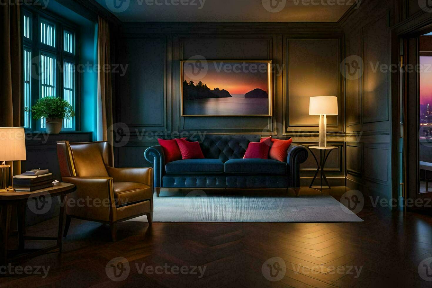 the living room has a blue couch and a painting on the wall. AI-Generated photo