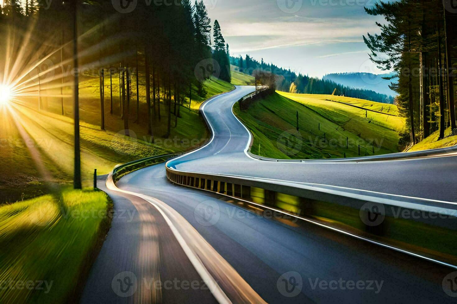 a winding road in the mountains with the sun shining. AI-Generated photo