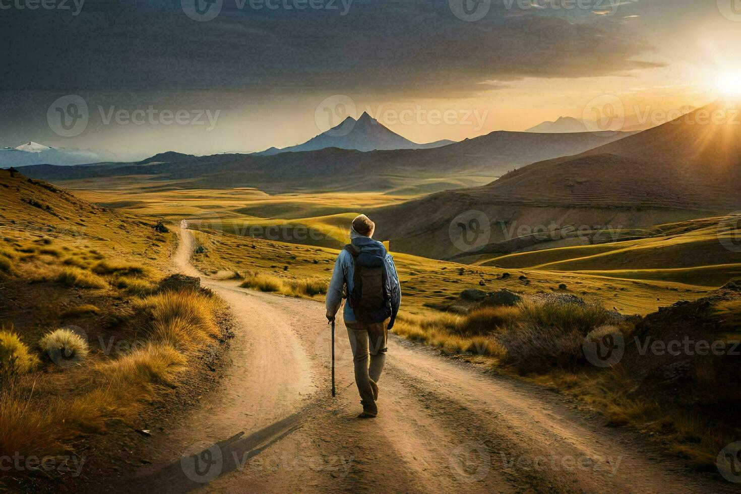 a man walks on a dirt road in the middle of the desert. AI-Generated photo