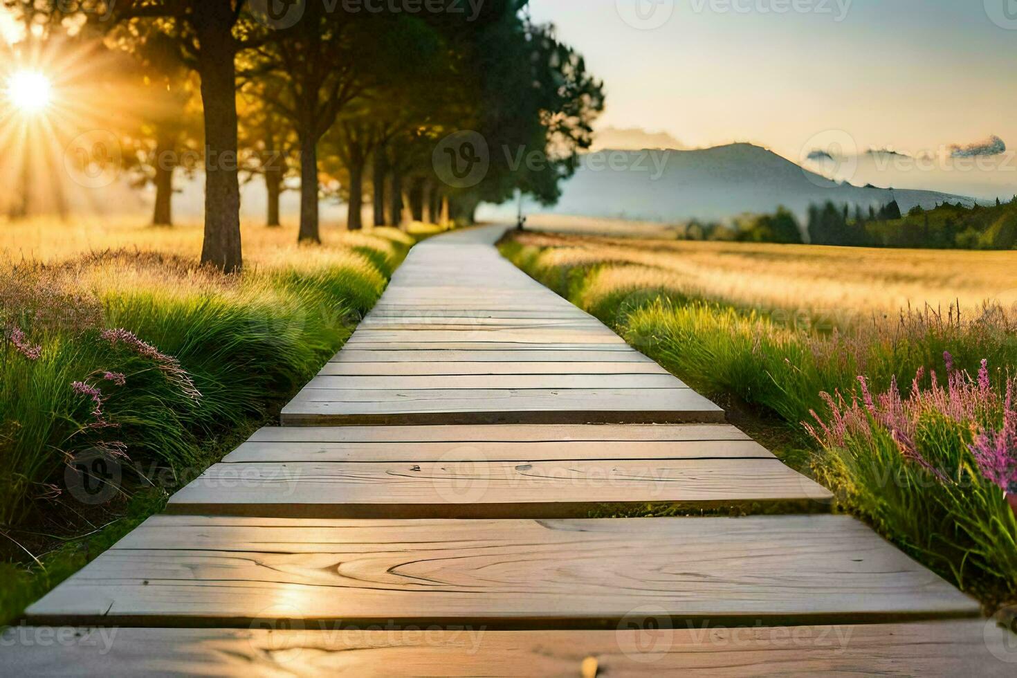 a wooden path leads to the sun in the distance. AI-Generated photo