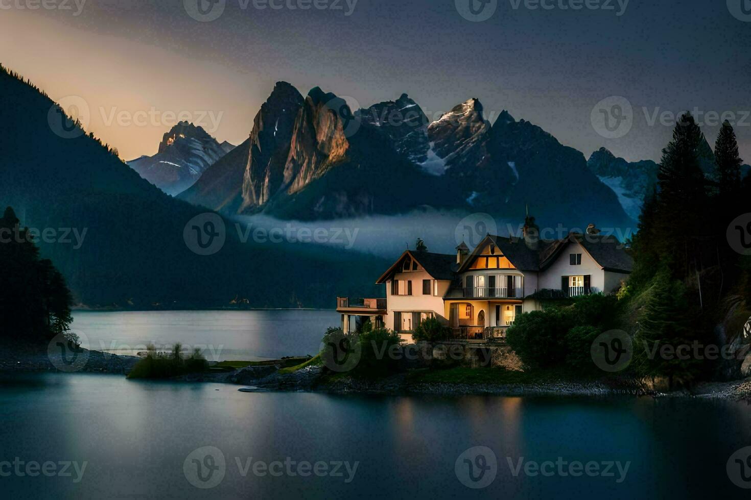 a house sits on the shore of a lake at sunset. AI-Generated photo