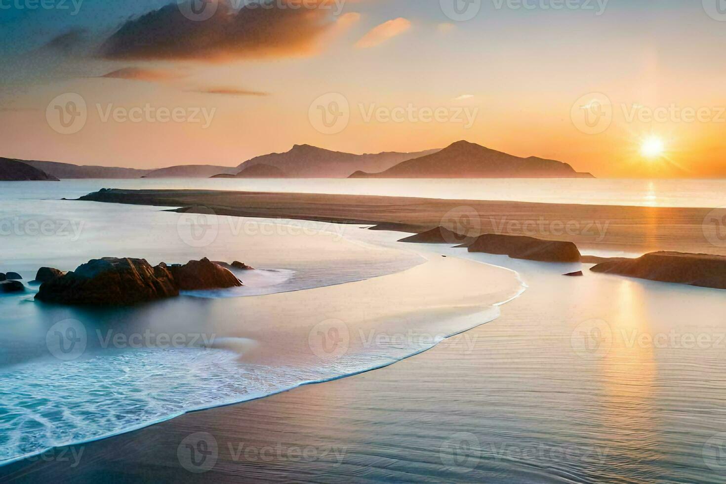 the sun sets over a beach and mountains. AI-Generated photo