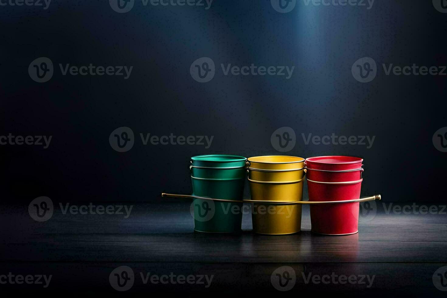 four colorful cups on a wooden table. AI-Generated photo