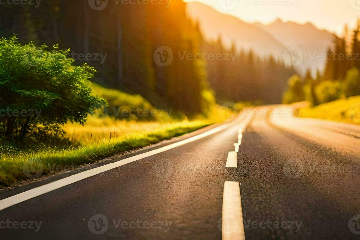 a road in the mountains with the sun shining. AI-Generated photo