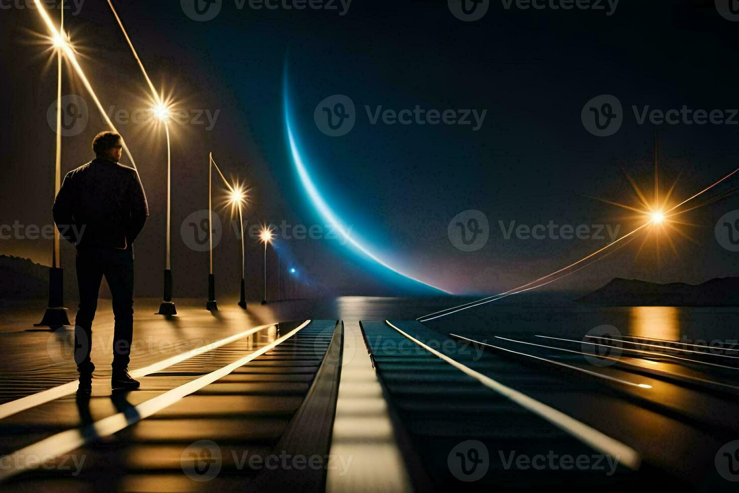 a man stands on a train track at night. AI-Generated photo