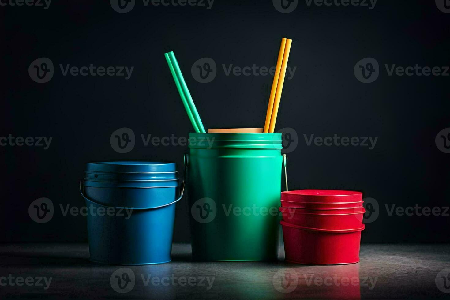 three colorful buckets with straws on a dark background. AI-Generated photo