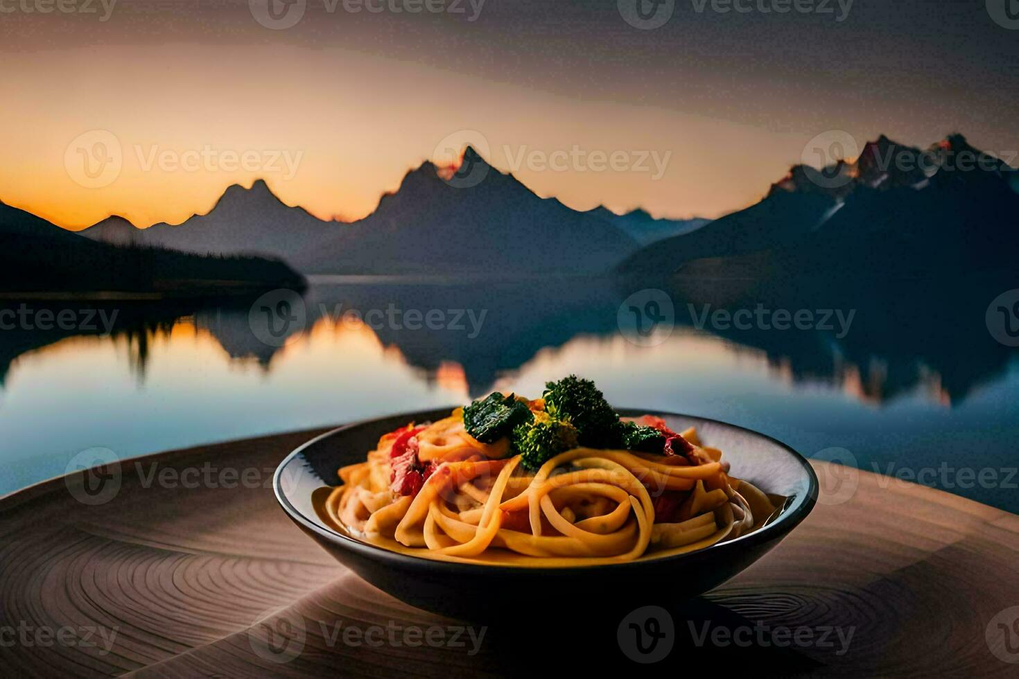 a plate of pasta with broccoli and tomatoes on a table in front of a lake. AI-Generated photo