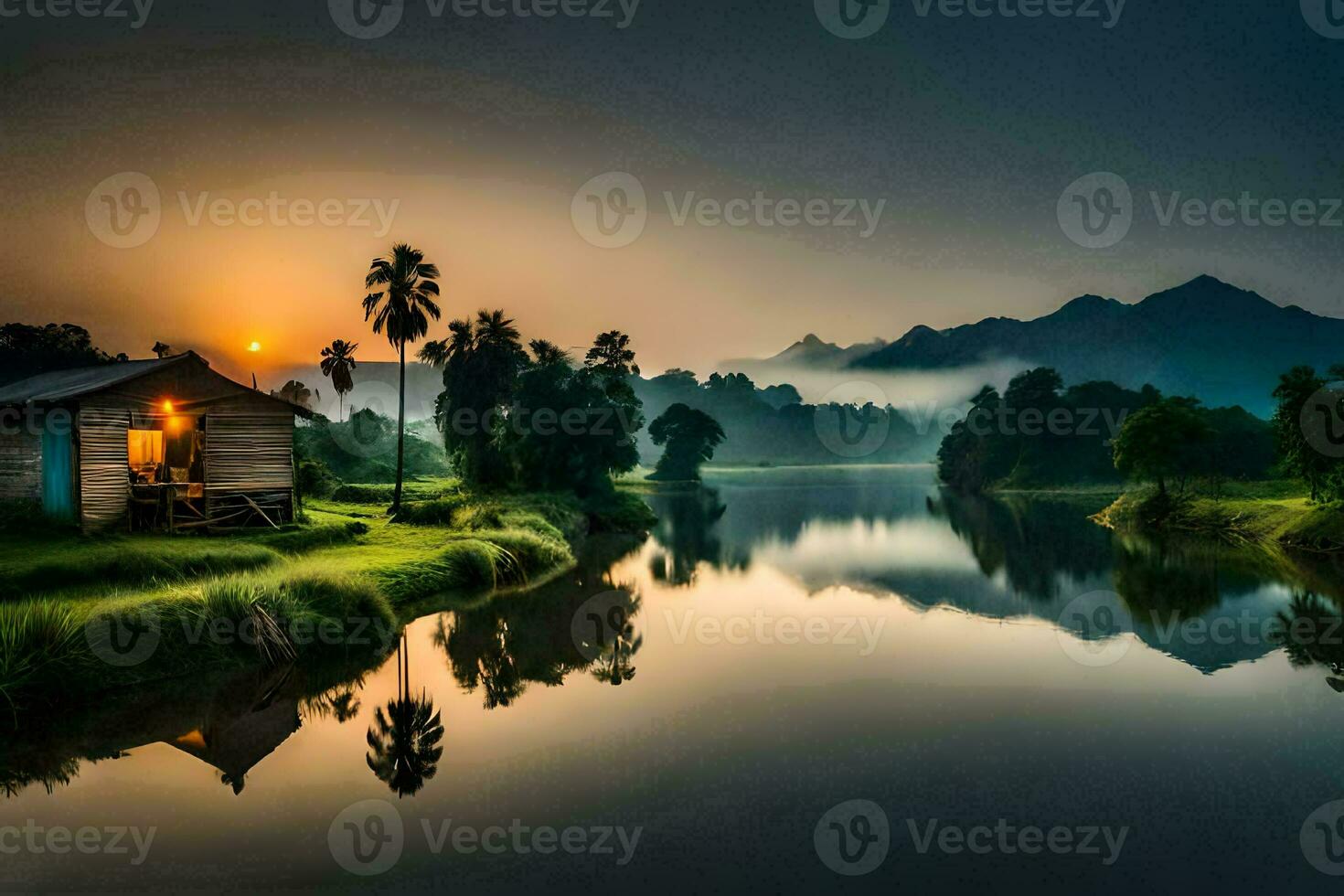 a small house sits on the bank of a river at sunset. AI-Generated photo