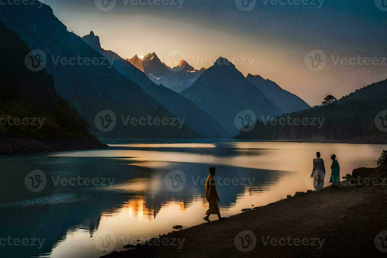 two people walk along the shore of a lake at sunset. AI-Generated photo