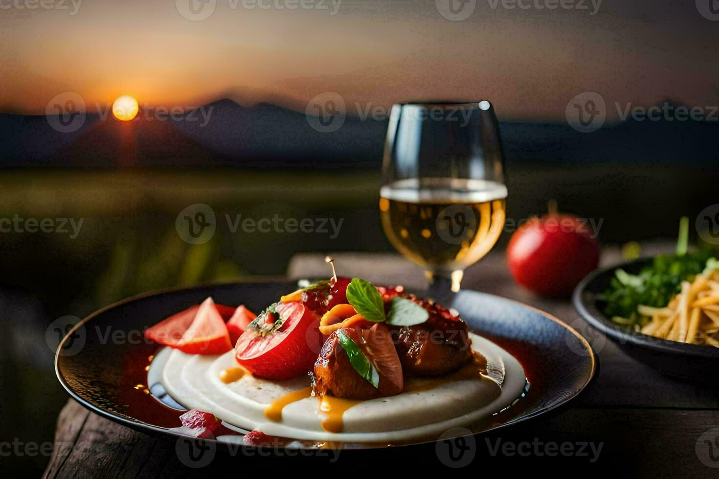 a plate of food with a glass of wine and a view of the sunset. AI-Generated photo