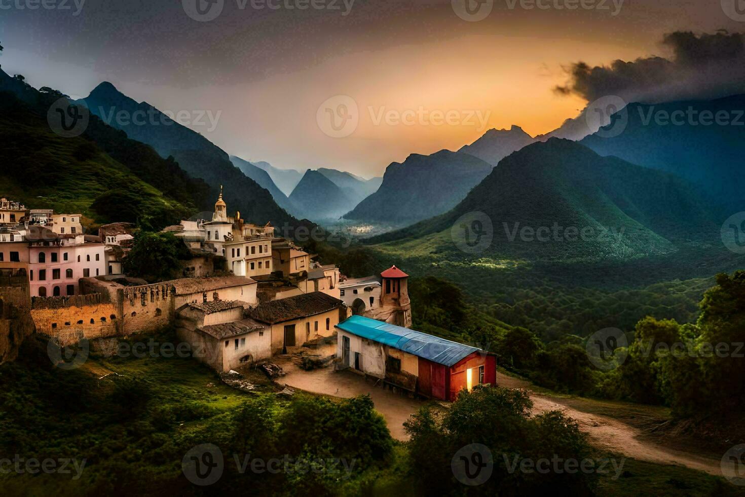 a village in the mountains at sunset. AI-Generated photo