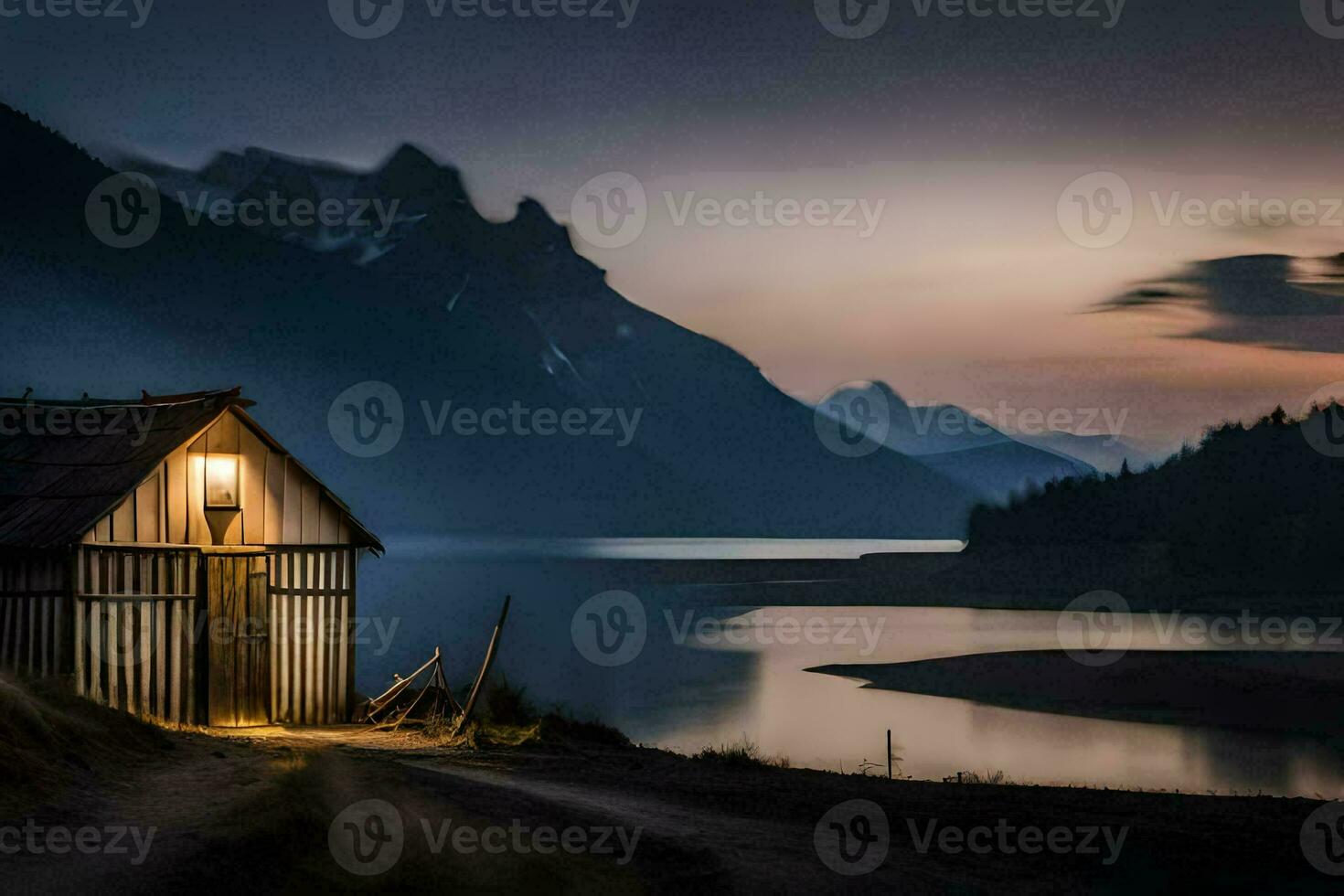 un pequeño cabina se sienta en el lado de un lago a oscuridad. generado por ai foto