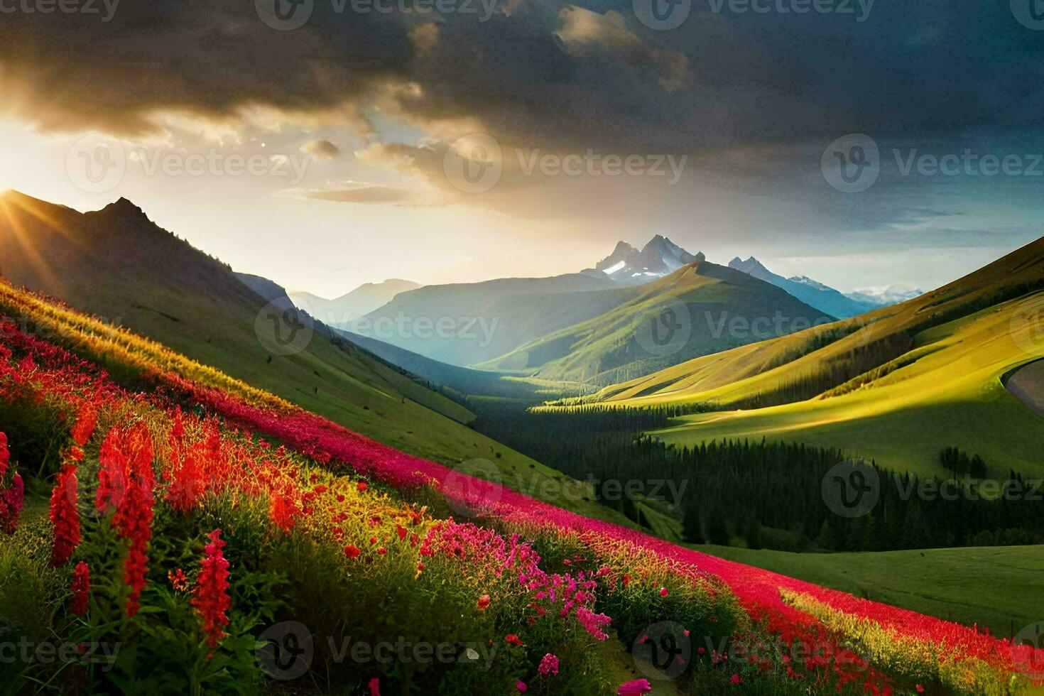 the sun shines over a field of flowers and mountains. AI-Generated photo