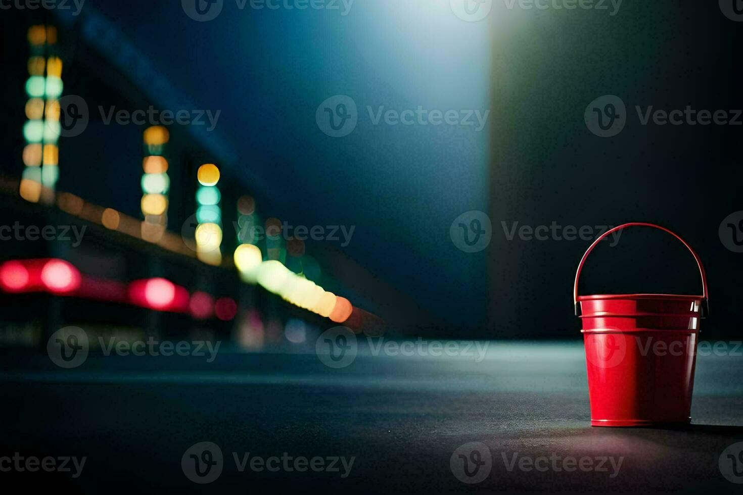 un rojo Cubeta sentado en el calle a noche. generado por ai foto