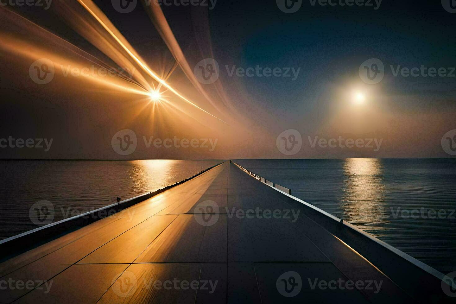 a long pier with a bright light shining over the water. AI-Generated photo