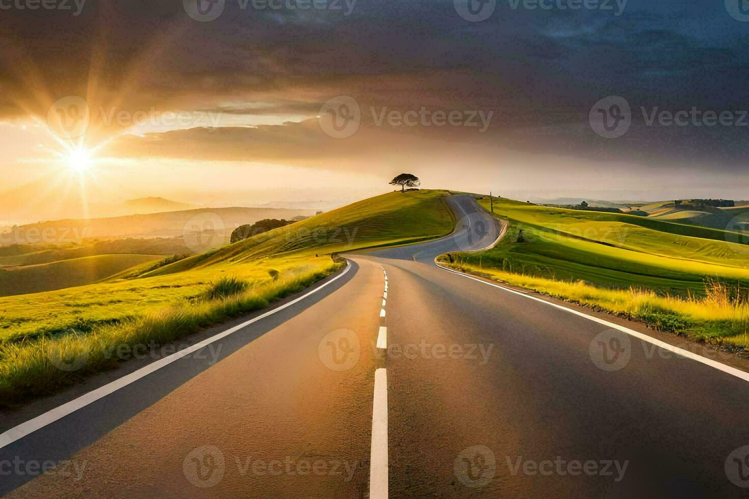 the sun shines over a road in the middle of a green field. AI-Generated photo