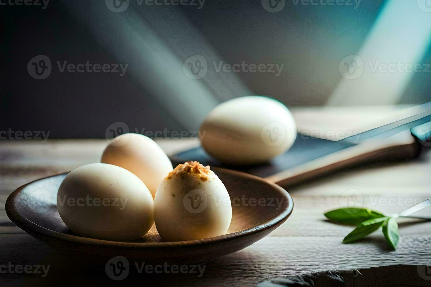 three eggs in a bowl on a wooden table. AI-Generated photo