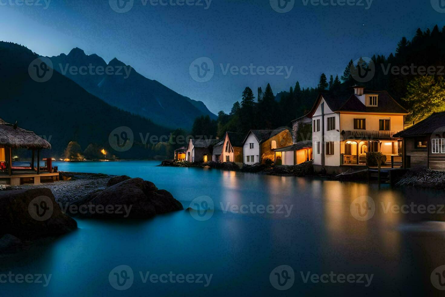 foto fondo de pantalla el cielo, montañas, lago, casas, el noche, el montañas, el lago. generado por ai