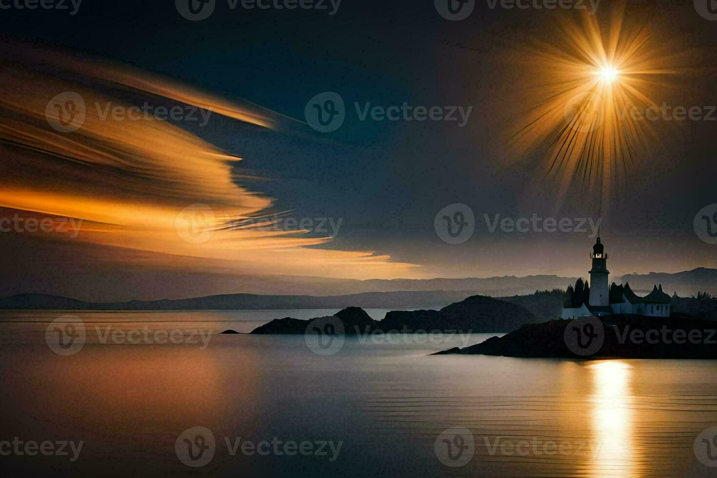 the lighthouse is lit up by the sun in the sky. AI-Generated photo