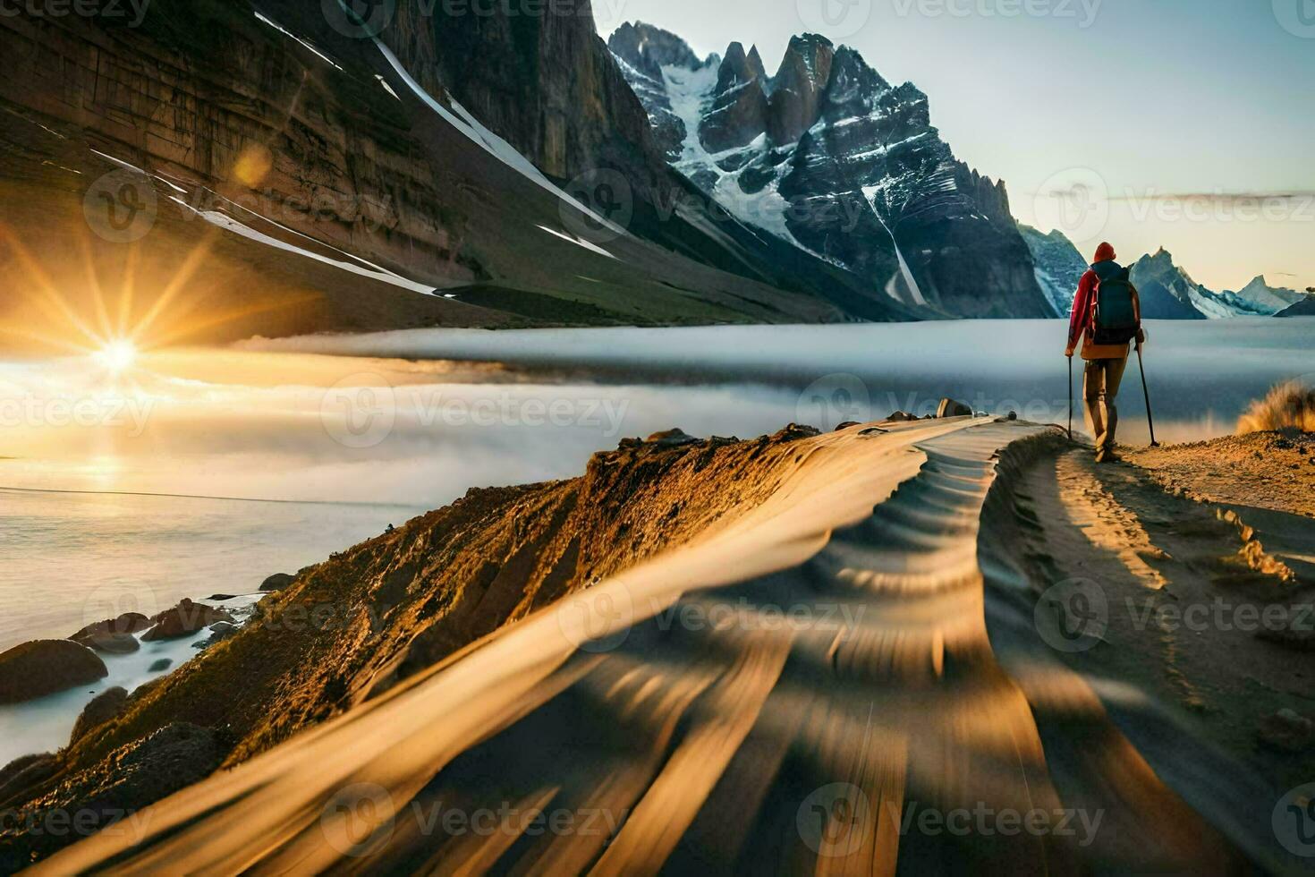 a man walking along a path in the mountains. AI-Generated photo