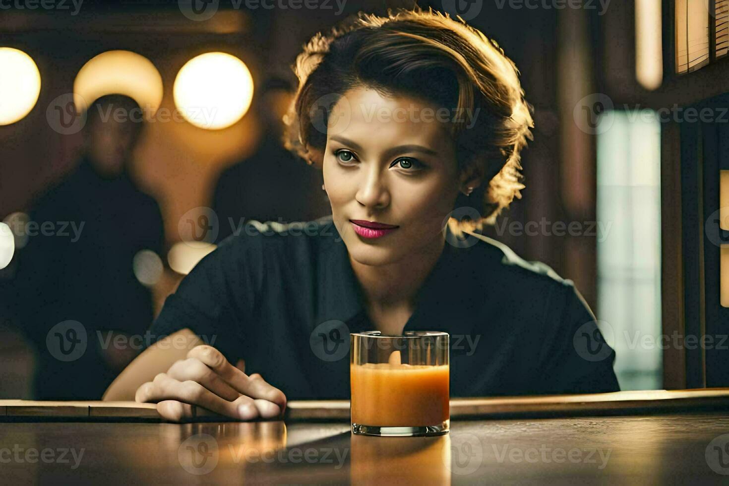 a woman sitting at a bar with a glass of orange juice. AI-Generated photo