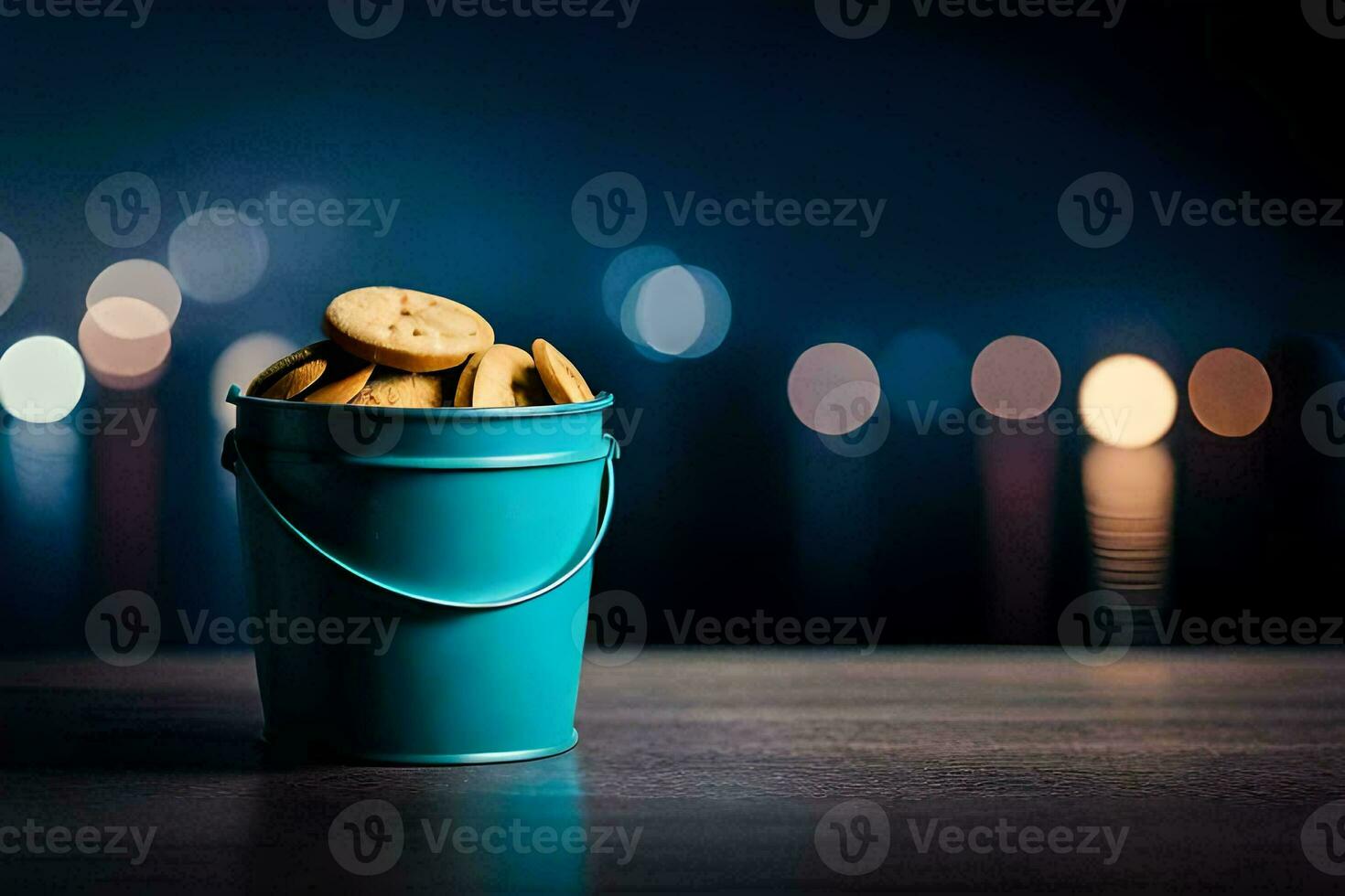 a bucket of cookies on a table with bokeh in the background. AI-Generated photo