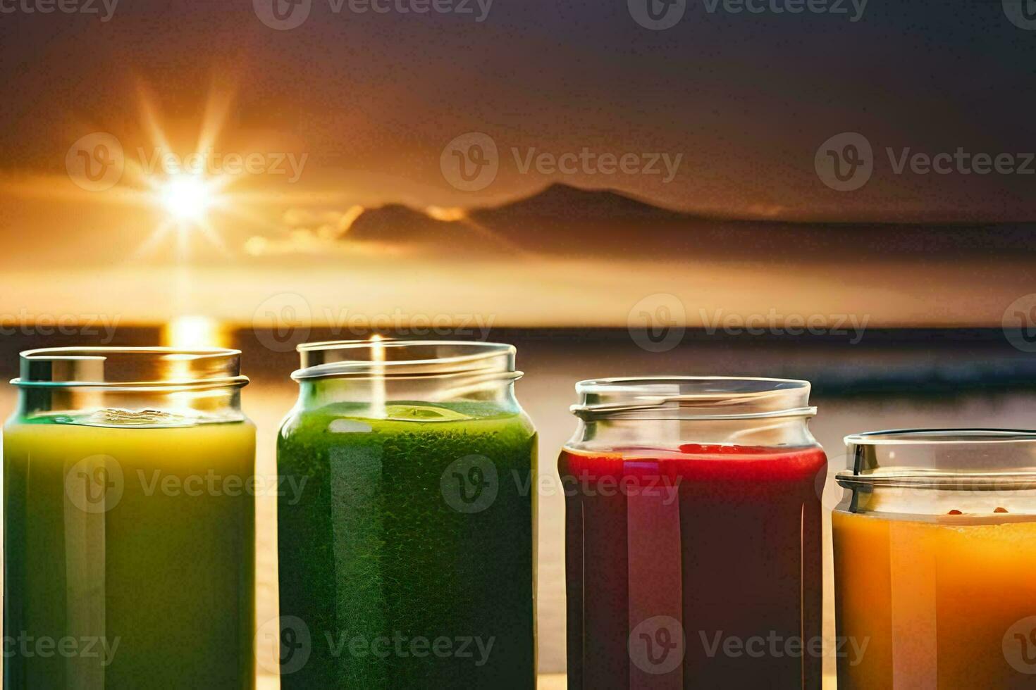 five different types of juices are lined up on a table. AI-Generated photo