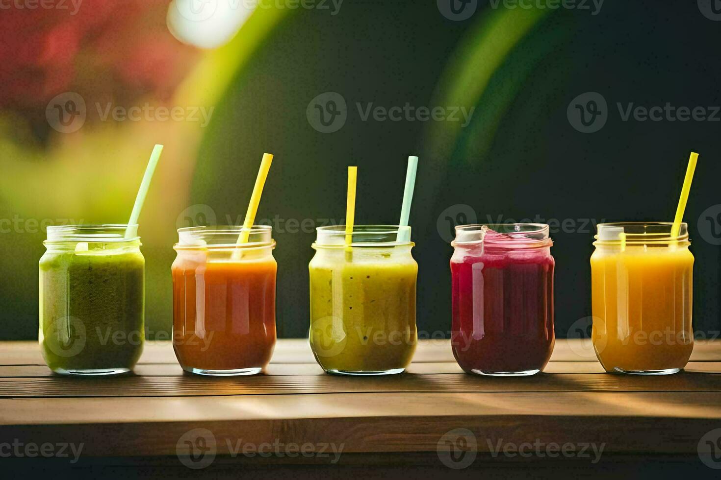 five different types of smoothies in jars. AI-Generated photo