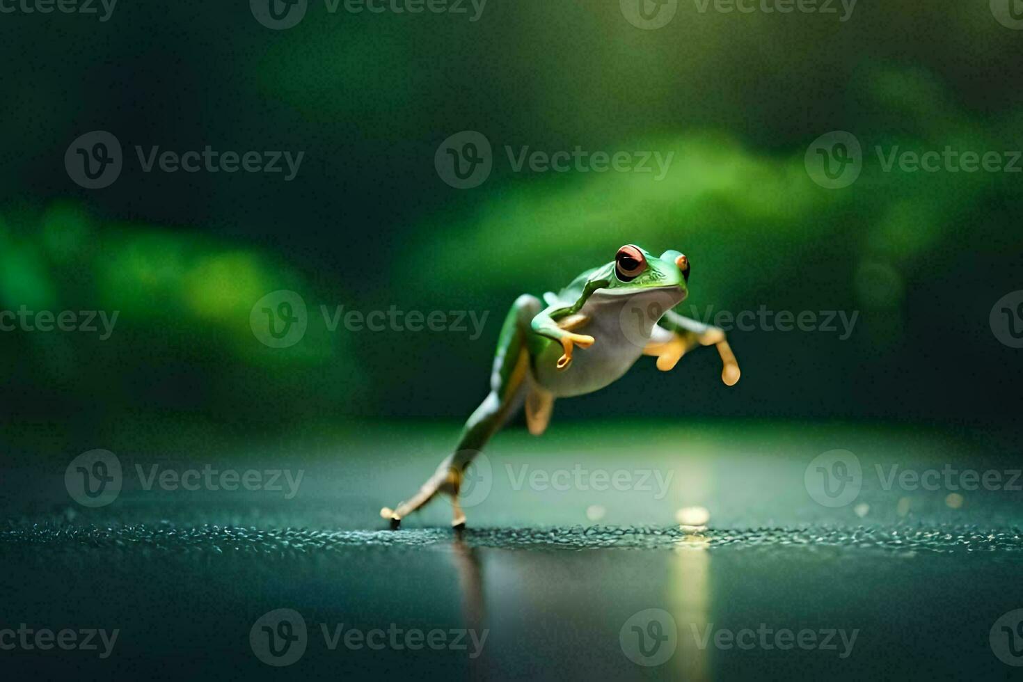 a frog jumping on the ground with a green background. AI-Generated photo