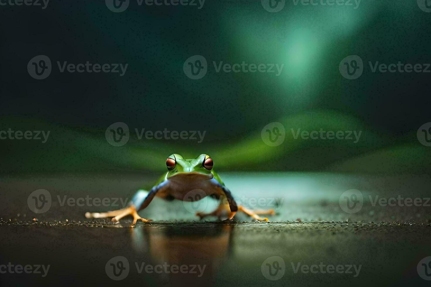 a frog is sitting on the ground in front of a green background. AI-Generated photo