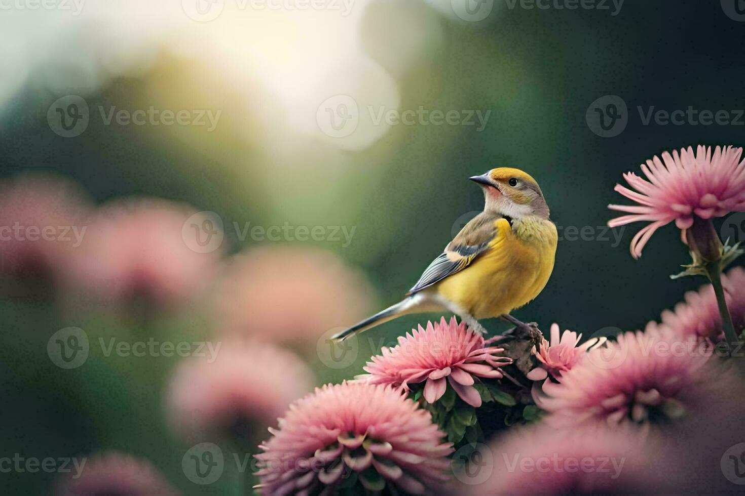 a yellow bird is perched on top of pink flowers. AI-Generated photo