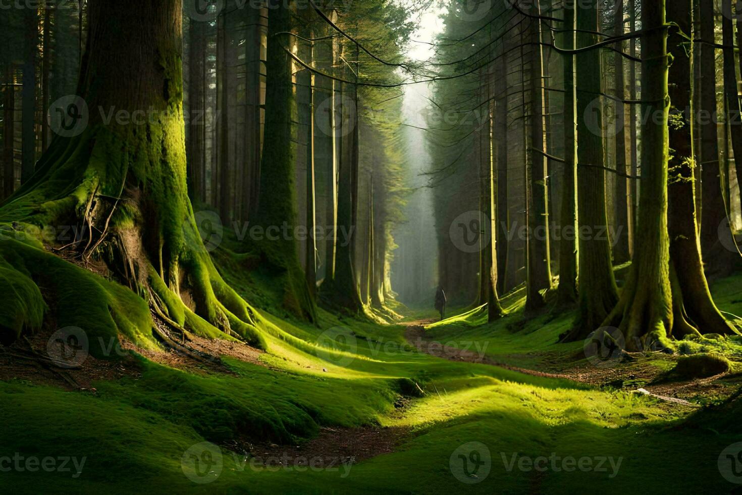 a path through a forest with mossy trees. AI-Generated photo