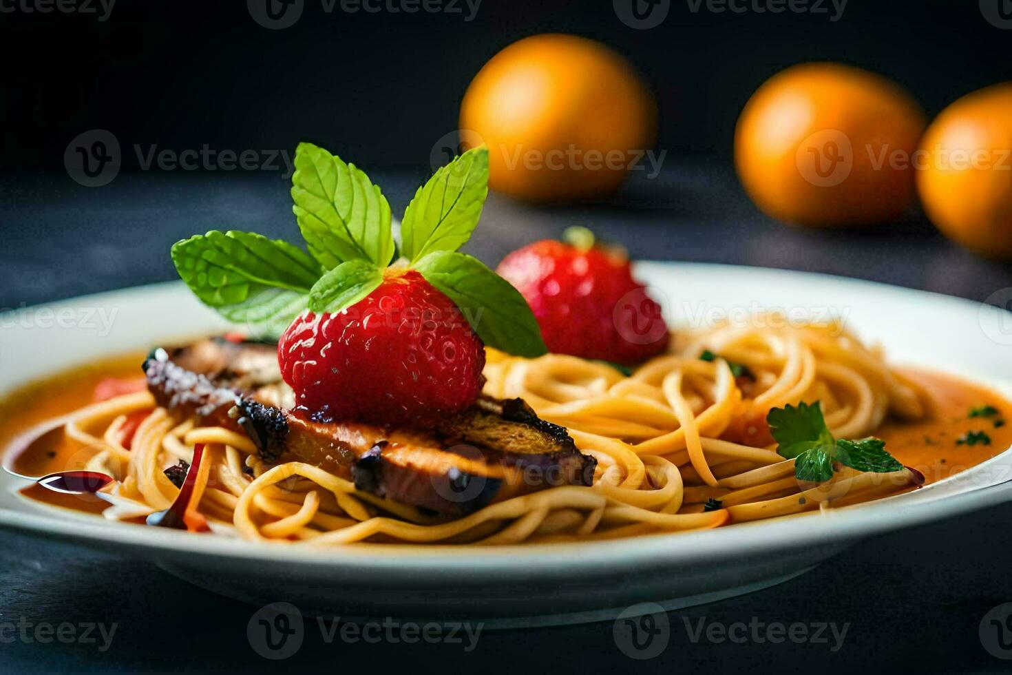 a plate of spaghetti with meat and strawberries. AI-Generated photo