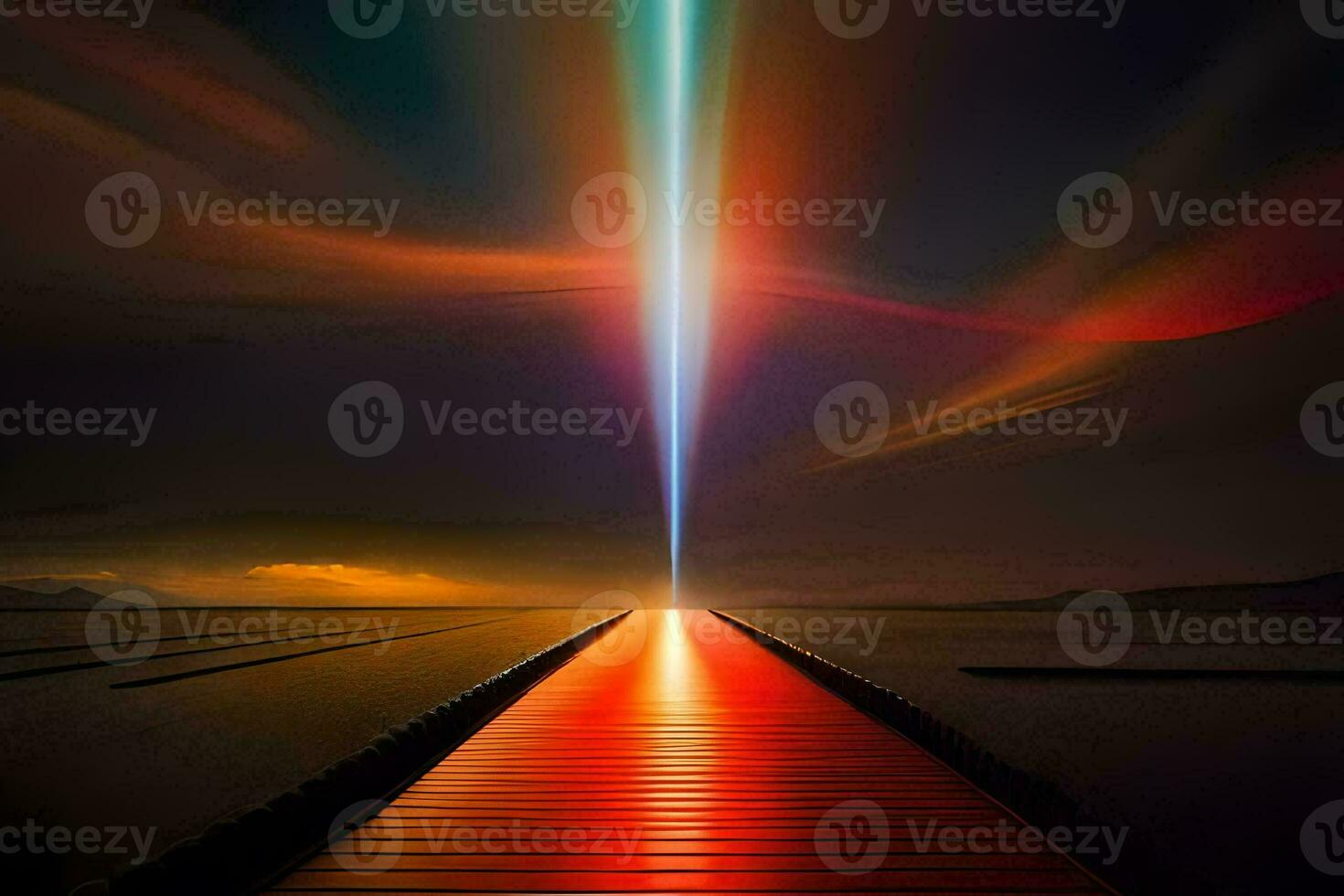 a long wooden pier with a bright light shining through it. AI-Generated photo